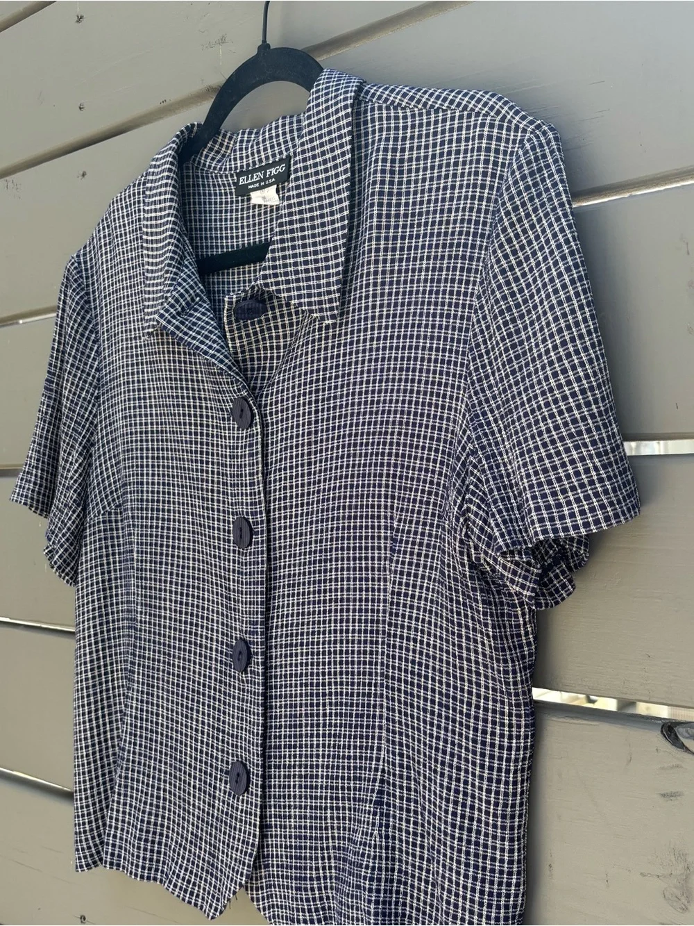 Vintage Ellen Figg Navy Check Button Front Blouse Top L Made USA